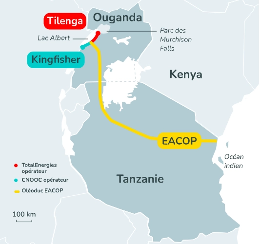 Carte du tracé de l’oléoduc EACOP, de Kabaale à Tanga